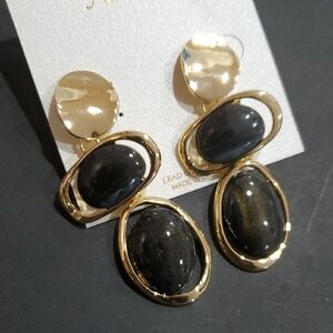 Natasha couture 3 tiered molten black onyx stone look gold plated earrings new